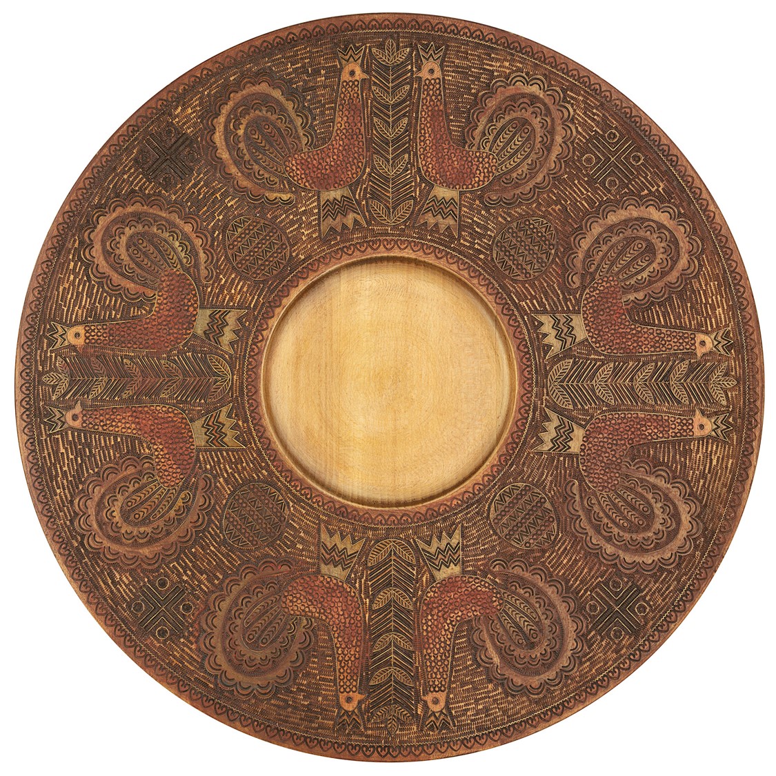 image of an ornamental plate in wood, with metal inlay